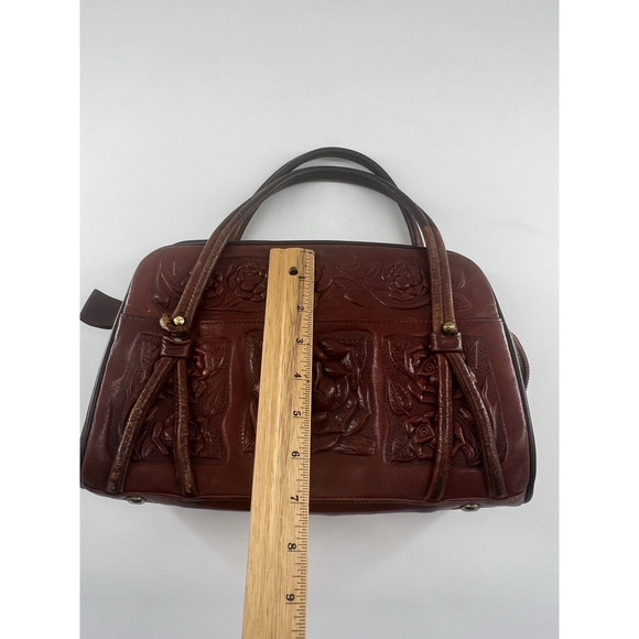 Vtg Aztec Hand Tooled Brown Leather Satchel Purse Mexico Mayan Boho Bag Roses - Picture 11 of 16